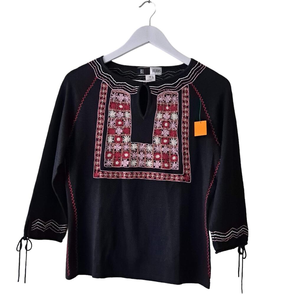 Bill Blass Womens Black Multicolored Embroidered Top w Keyhole Neckline - Size S
